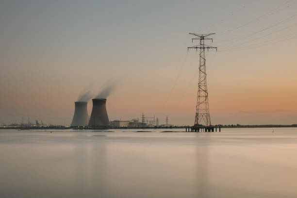 Sunset over the nuclear power plant of Doel. stock photo