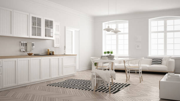 istock Minimalist modern kitchen with dining table and living room, white scandinavian interior design 697189798