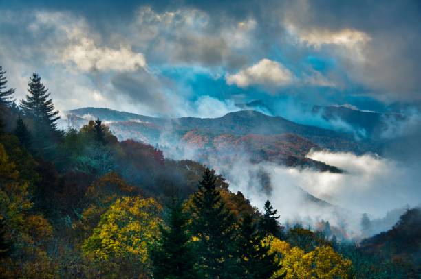 Misty Sunrise in Great Smoky Mountains National Park stock photo