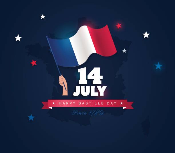 14 July Bastille day flyer, banner or poster. 14 July Bastille day flyer, banner or poster. Holiday background with waving flag in man`s hand and map. Vector flat illustration bastille day stock illustrations