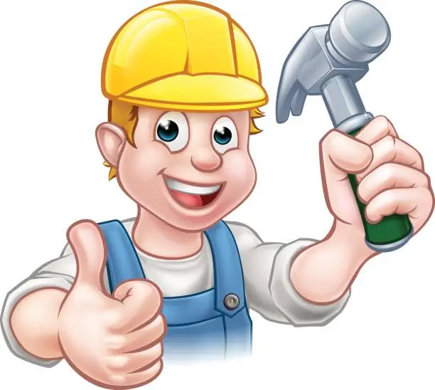 Vector illustration of Handyman Carpenter Cartoon Character Holding Hammer