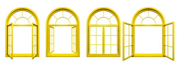 Collection of yellow arched windows isolated on white Collection of yellow arched windows isolated on white double hung window stock illustrations