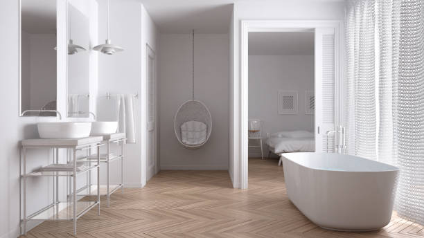istock Minimalist white scandinavian bathroom with bedroom in background, classic interior design 697211198