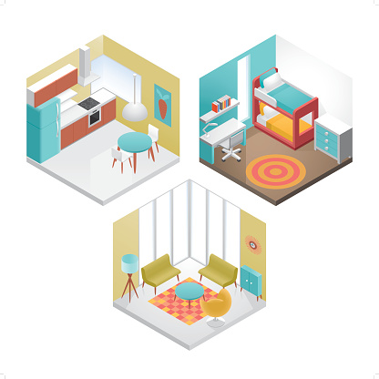 A set of 3 modern isometric interior design icon set. Each room is grouped individually.