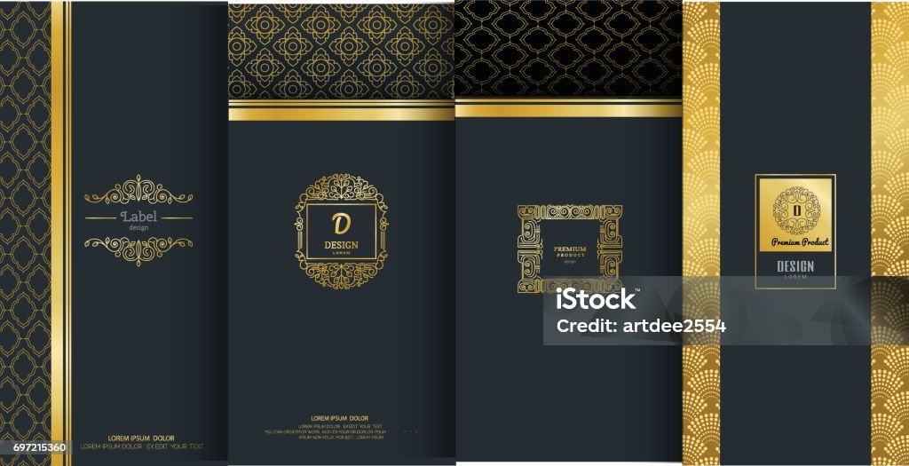 Collection of design elements,labels,icon,frames, for packaging,design of luxury products.Made with golden foil.Isolated on black background. vector illustration Pattern stock vector