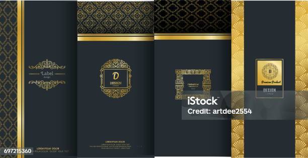 Collection Of Design Elementslabelsiconframes For Packagingdesign Of Luxury Productsmade With Golden Foilisolated On Black Background Vector Illustration Stock Illustration - Download Image Now