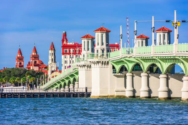 St. Augustine, Florida, USA Skyline St. Augustine, Florida, USA Skyline at Bridge of Lions. bridge of lions stock pictures, royalty-free photos & images