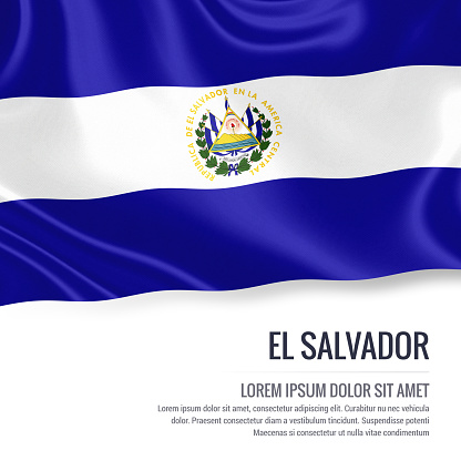 El Salvador flag. Silky flag of El Salvador waving on an isolated white background with the white text area for your advert message. 3D rendering.