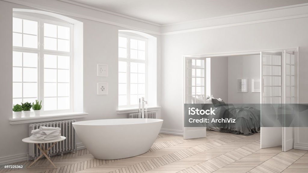 Minimalist scandinavian white bathroom with bedroom in the background, classic interior design Bathroom Stock Photo