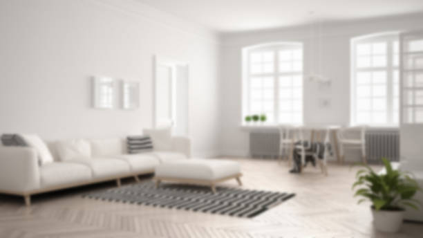 istock Blur background interior design, bright minimalist living room with sofa and dining table 697225474