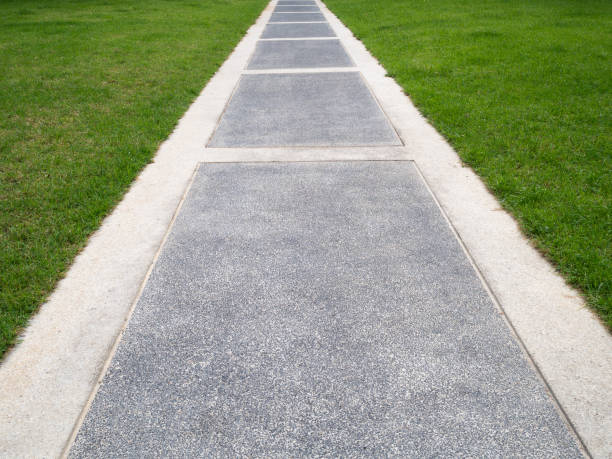 istock Bright green grass field and walkway for background wallpaper 697225678