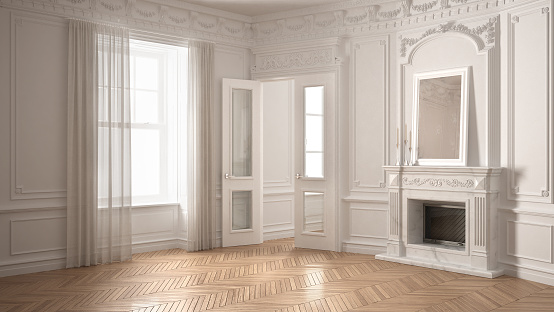 Classic empty room with big window, fireplace and herringbone wooden parquet floor, vintage white interior design