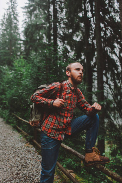 istock Man hiking in the forest in mountains 697228962