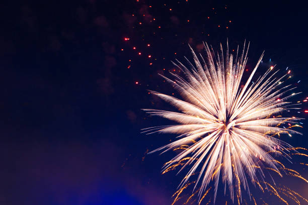 istock Beautiful colorful holiday fireworks in the evening sky 697231386