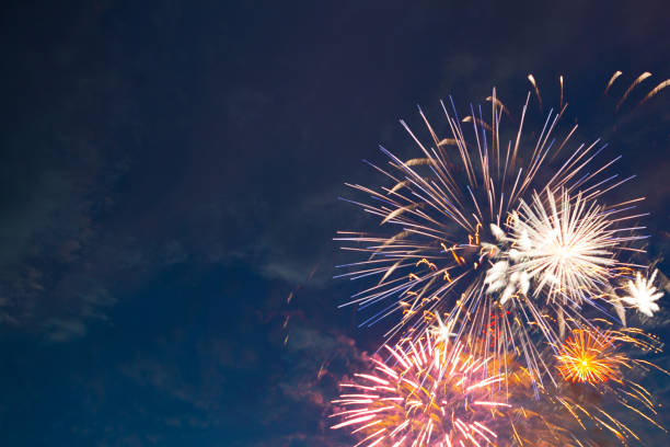 istock Beautiful colorful holiday fireworks in the evening sky 697232192