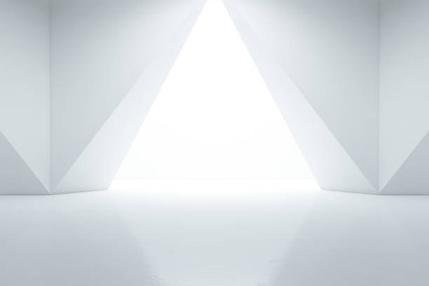 Abstract interior design of modern showroom with empty floor and white wall background