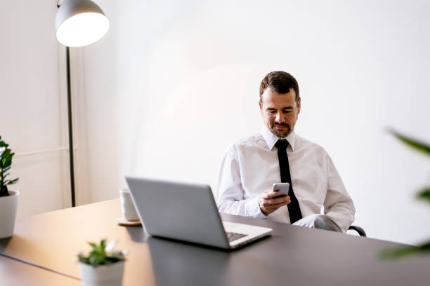 istock Smiling middle aged businessman using smart phone at the office. 697235492