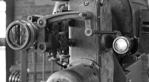 antique film projector in black and white style.