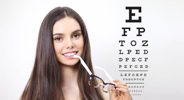 istock smile female face with spectacles on eyesight test chart background, eye examination ophthalmology concept 697246248