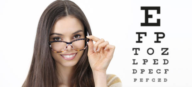 istock smile female face with spectacles on eyesight test chart background, eye examination ophthalmology concept 697246266