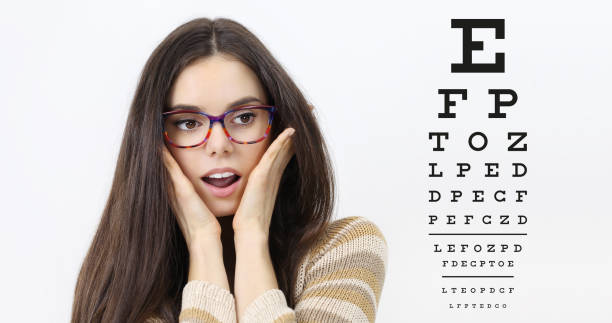 istock amazement female face with spectacles on eyesight test chart background, eye examination ophthalmology concept 697246276