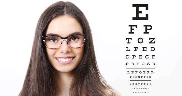 istock smile female face with spectacles on eyesight test chart background, eye examination ophthalmology concept 697246322