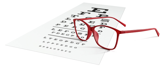 red eyeglasses on visual test chart isolated on white. Eyesight concept