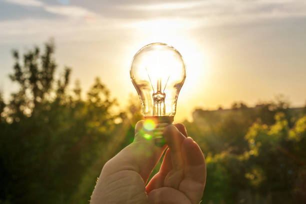 istock The light bulb in her hand against the dawn. 697249824