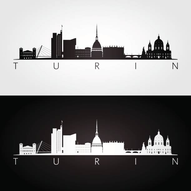 illustrazioni stock, clip art, cartoni animati e icone di tendenza di skyline e punti di riferimento di torino silhouette, design in bianco e nero, illustrazione vettoriale. - torino