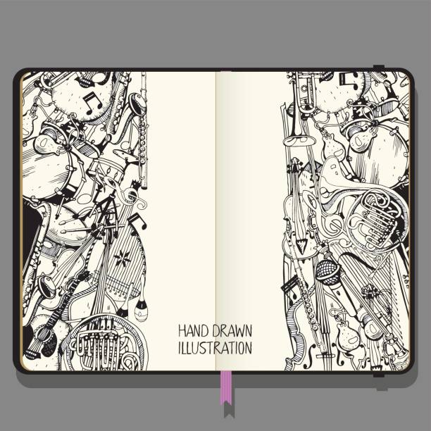 Vector Notebook with Shadows and Hand Drawn Doodles. Collection of Music Instruments. Music and Recreation Time Concept. Vector Notebook with Shadows and Hand Drawn Doodles. Collection of Music Instruments. Music and Recreation Time Concept. guitar borders stock illustrations