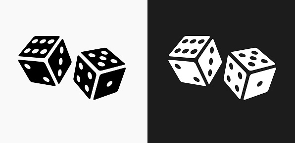 Dice Icon on Black and White Vector Backgrounds. This vector illustration includes two variations of the icon one in black on a light background on the left and another version in white on a dark background positioned on the right. The vector icon is simple yet elegant and can be used in a variety of ways including website or mobile application icon. This royalty free image is 100% vector based and all design elements can be scaled to any size.