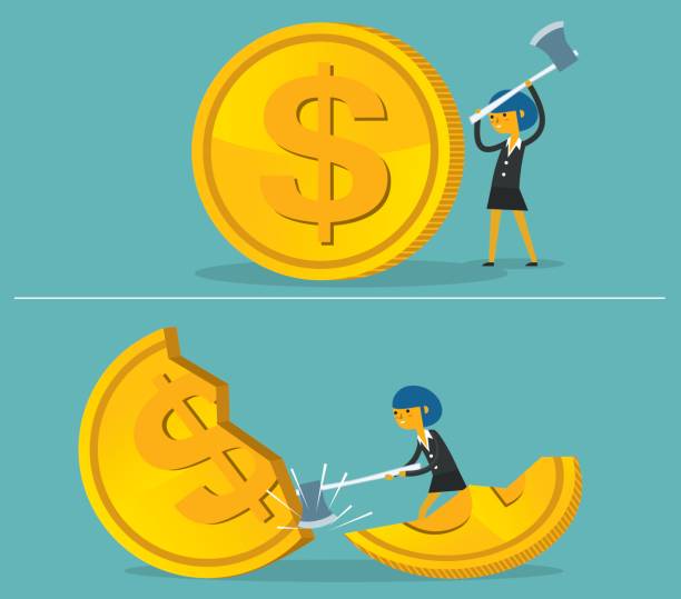 ilustrações de stock, clip art, desenhos animados e ícones de budget cut with businesswoman - currency loss women spending money