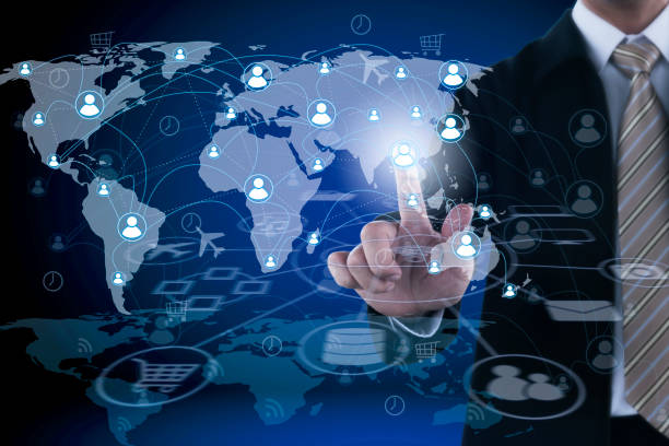 istock Social network and Globalization around Businessman hand. 697288428