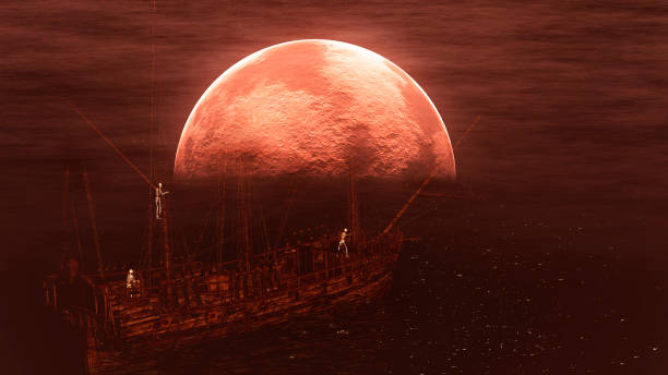 istock Skeletons in a ghost boat by night time 697296378