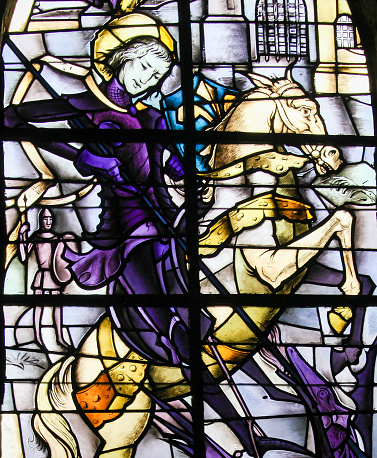 Stained Glass in the Church of Tervuren, Belgium, depicting Saint George slaying the Dragon