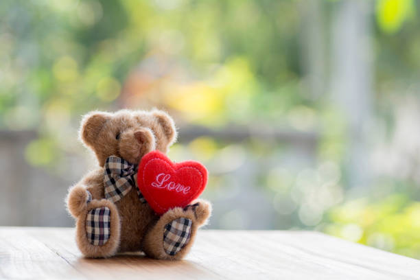 istock Teddy bear with red heart on bokek background. 697299298