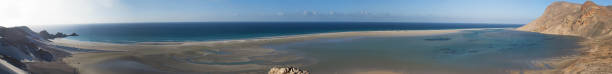 Socotra, Yemen - February, 11, 2013: panoramic view of the breathtaking Qalansia beach, one of the most famous beaches of the island of Socotra, whose archipelago has been included in Unesco world heritage site since 2008 for its biodiversity and its endemic peculiarities socotra: vista panorámica de la impresionante playa de qalansia, una de las más famosas playas de la isla de socotra, cuyo archipiélago se ha incluido en la unesco patrimonio de la humanidad desde 2008 por su biodiversidad y sus particularidades endémicas