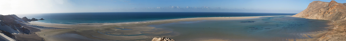 Socotra, Yemen - February, 11, 2013: panoramic view of the breathtaking Qalansia beach, one of the most famous beaches of the island of Socotra, whose archipelago has been included in Unesco world heritage site since 2008 for its biodiversity and its endemic peculiarities