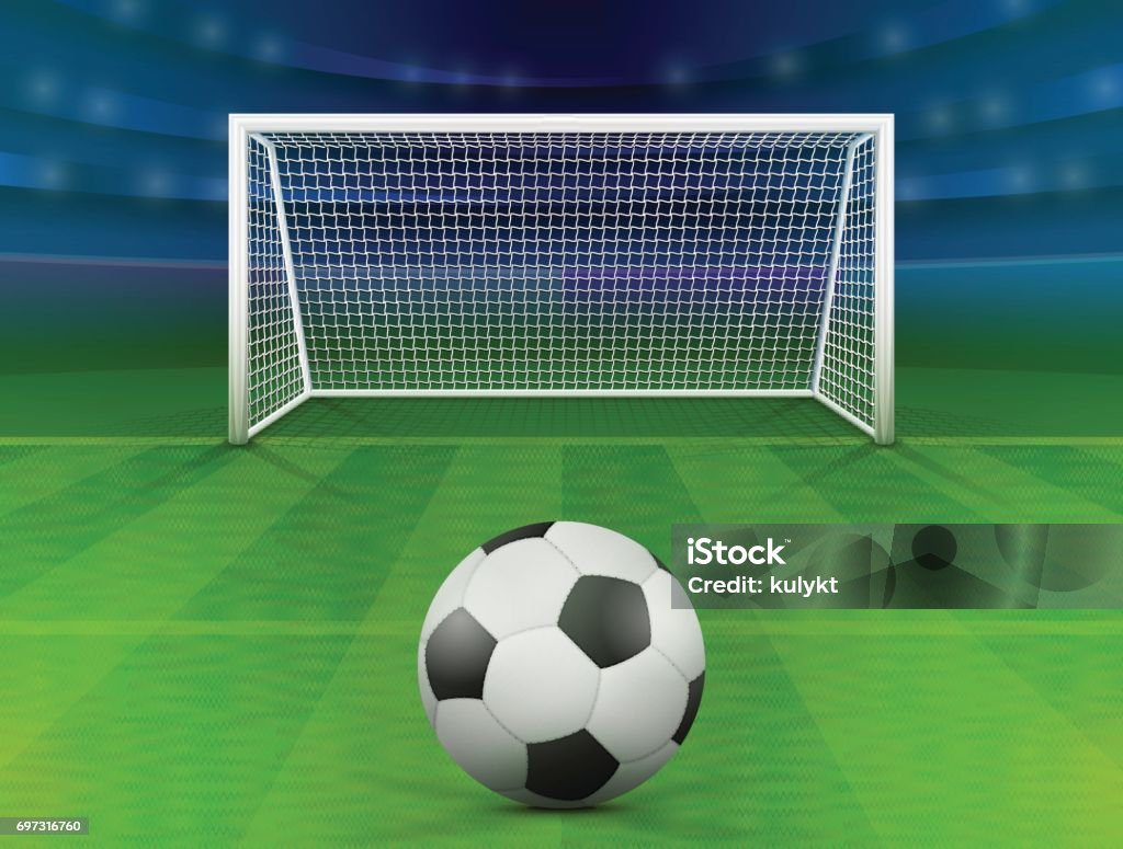Bola de futebol no campo verde na frente da baliza - Vetor de Gol de futebol royalty-free