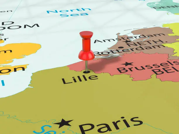 Pushpin on Lille map background. 3d illustration.