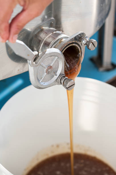 istock The fresh honey is poured into a container 697323376