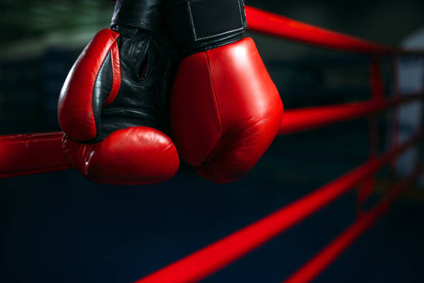 istock Gloves on the ring ropes, boxing concept, nobody 697329534