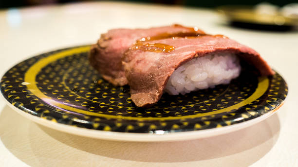 Roast beef nigiri sushi stock photo