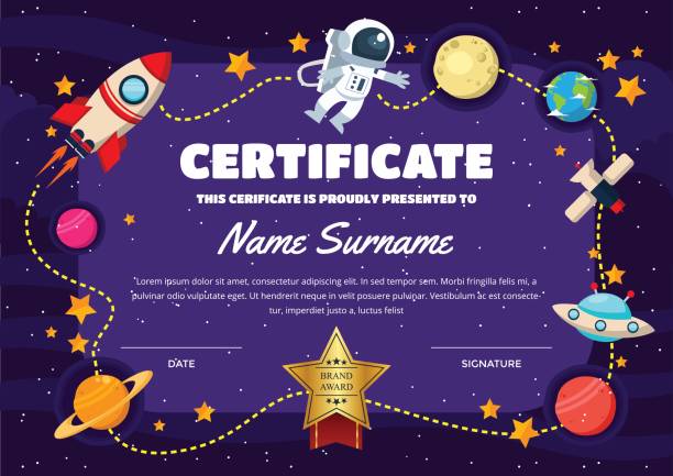 Cute Space Theme Children Certificate Of Achievement And Appreciation Template A cute print certificate template suitable for children graduation. astronaut in outer space stock illustrations