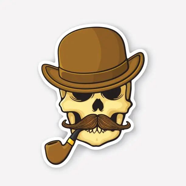 Vector illustration of Sticker skull of a gentleman with a mustache and smoking pipe in bowler hat