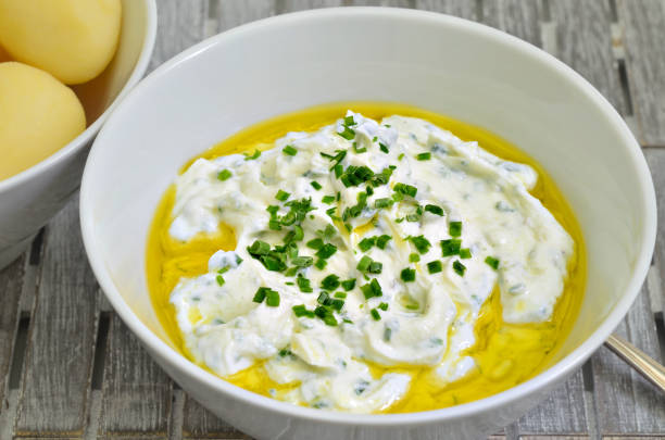 istock Curd Cheese with Boiled Potatoes, Linseed Oil and Chive 697362670