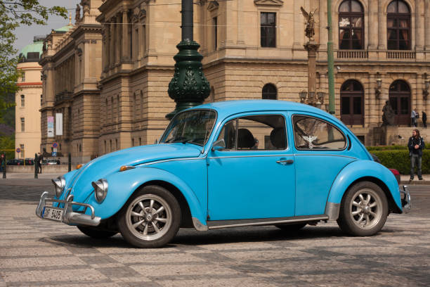 PRAGUE, CZECH REPUBLIC - APRIL 21, 2017: Vintage blue Volkswagen Beetle car, parked in front of the Rudolfinum concert hall