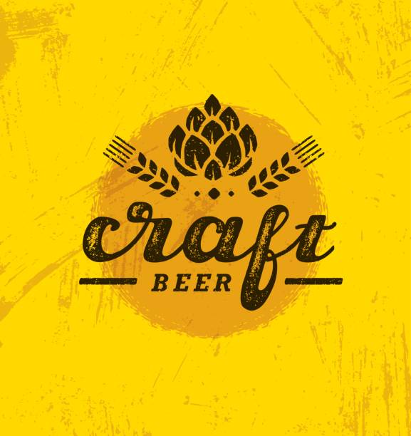 illustrazioni stock, clip art, cartoni animati e icone di tendenza di craft beer brewery artisan creative vector stamp sign concept. striscione alcolico grezzo fatto a mano. struttura pagina menu - organic sign food community