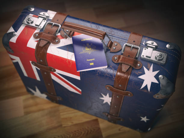 passport of australia and suitcase with flag of australia. - emigration and immigration global communications passport australia imagens e fotografias de stock