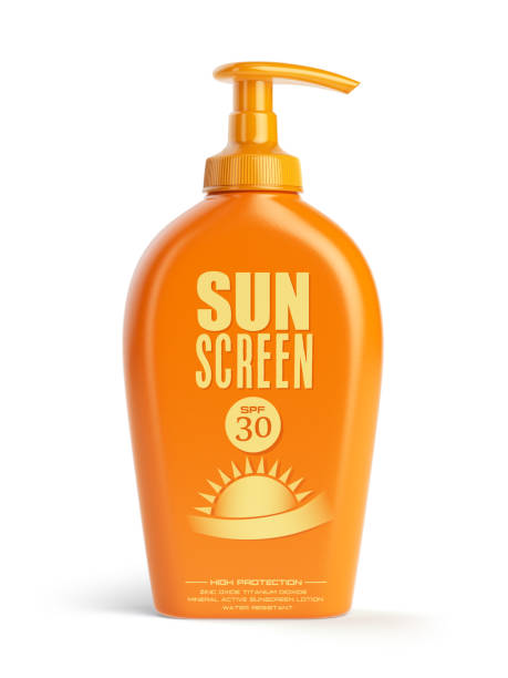 sun screen cream,  oil and lotion container. sun protection  cosmetic - isolated objects imagens e fotografias de stock